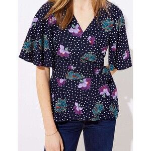 Ann Taylor LOFT Floral Dot Wrap Blouse Top Size Medium Navy Blue